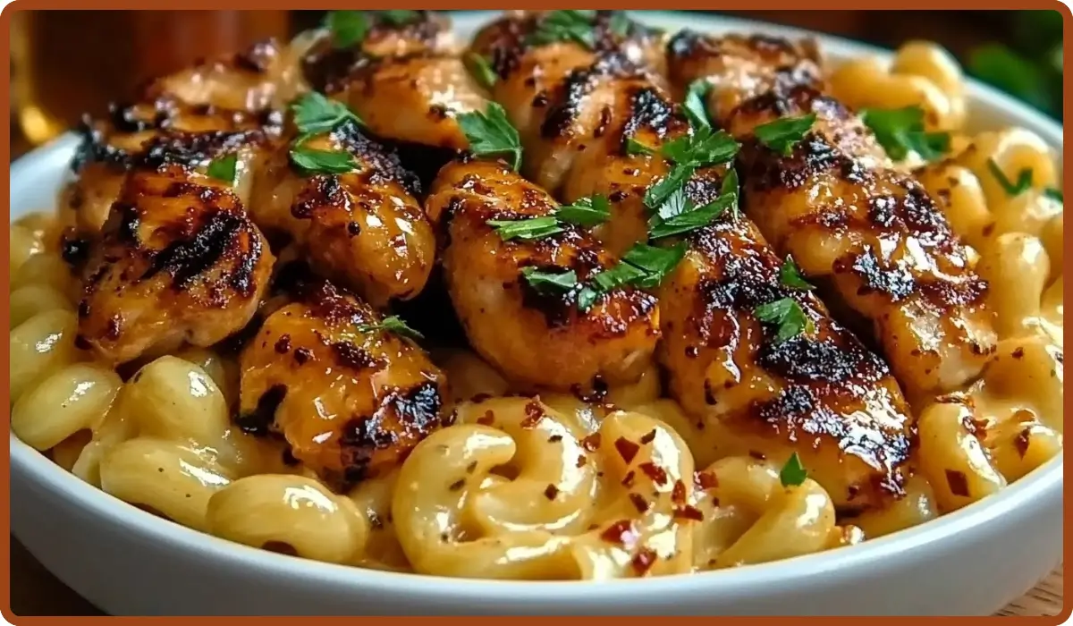 Sweet and Spicy Honey Pepper Chicken with Creamy Macaroni Cheese